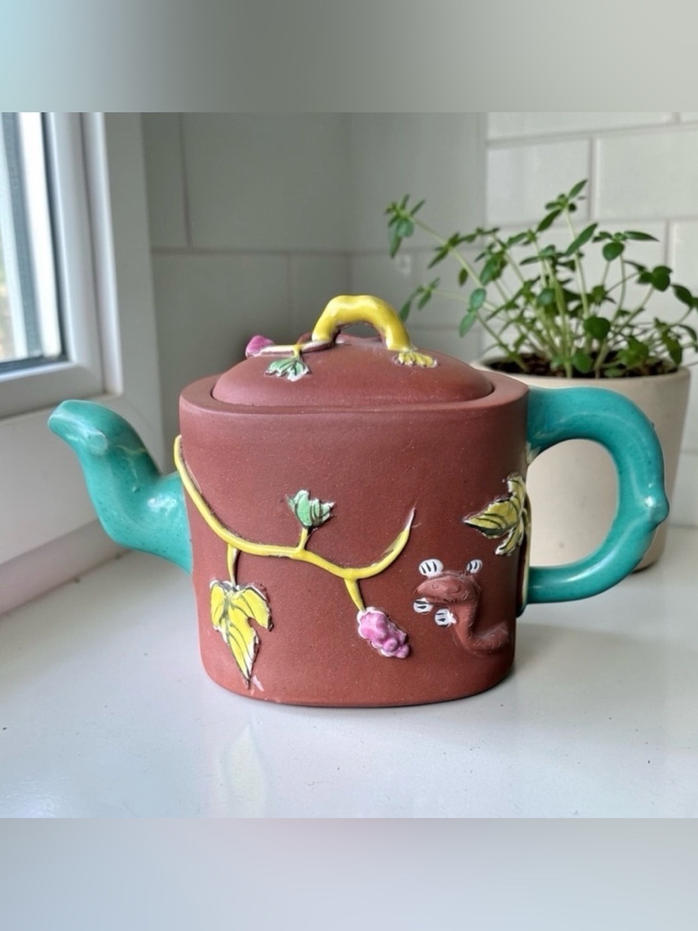 CURATED Yixing Zisha Clay Teapot Grape Vine Relief Turquoise Spout Handle Signed